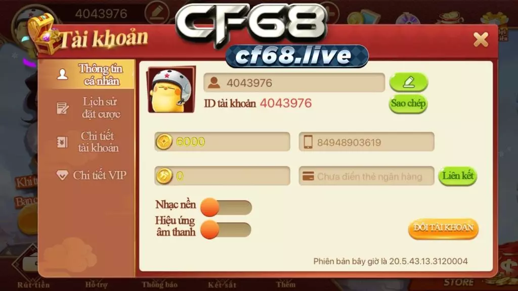 Giao diện thông tin cá nhân game cf68