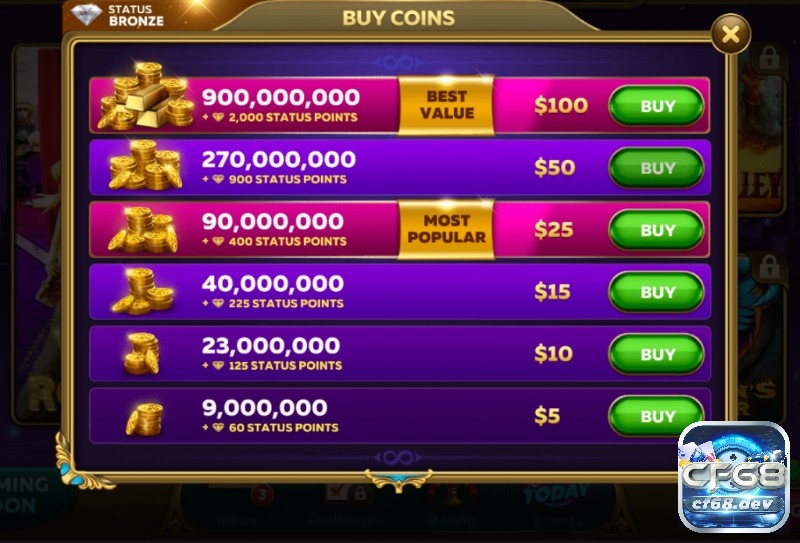 Bảng giá xu hiện tại của Infinity slots