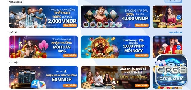 Đa dạng khuyến mãi như thưởng 100% tiền nạp, hoàn trả 0.6%, thưởng cuối tuần