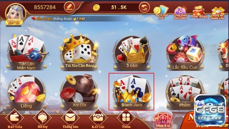 Hướng dẫn chơi xì dách tại CF68: Chọn Game Black Jack để vào sảnh xì dách